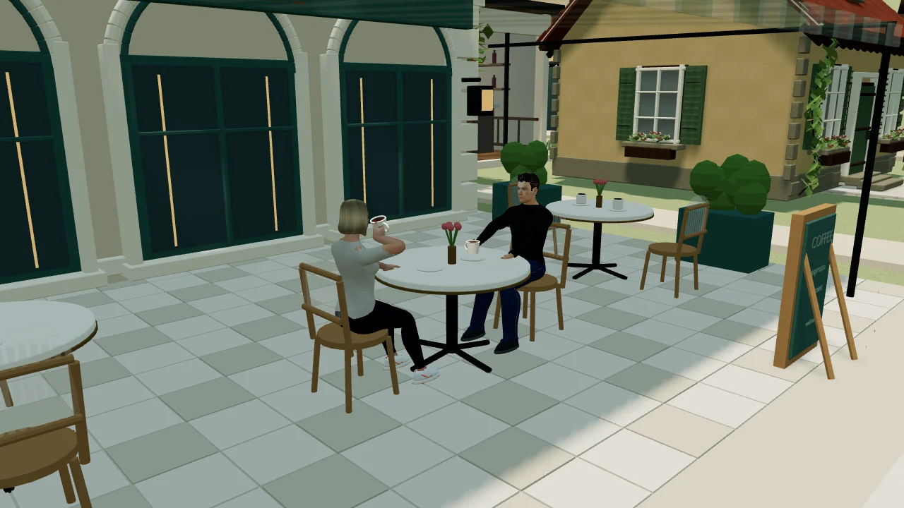 Lia and the player’s character sharing a moment at a table in the game.
