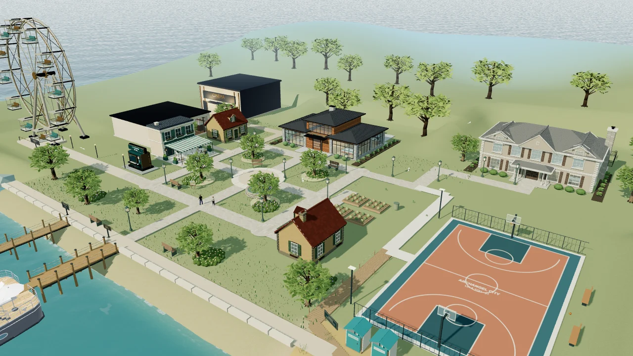 An in-game view of Archangel City, a coastal world to explore with Lia.