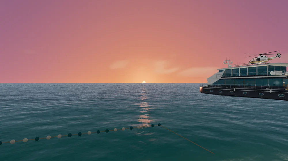The sun setting over the sea in Archangel City.